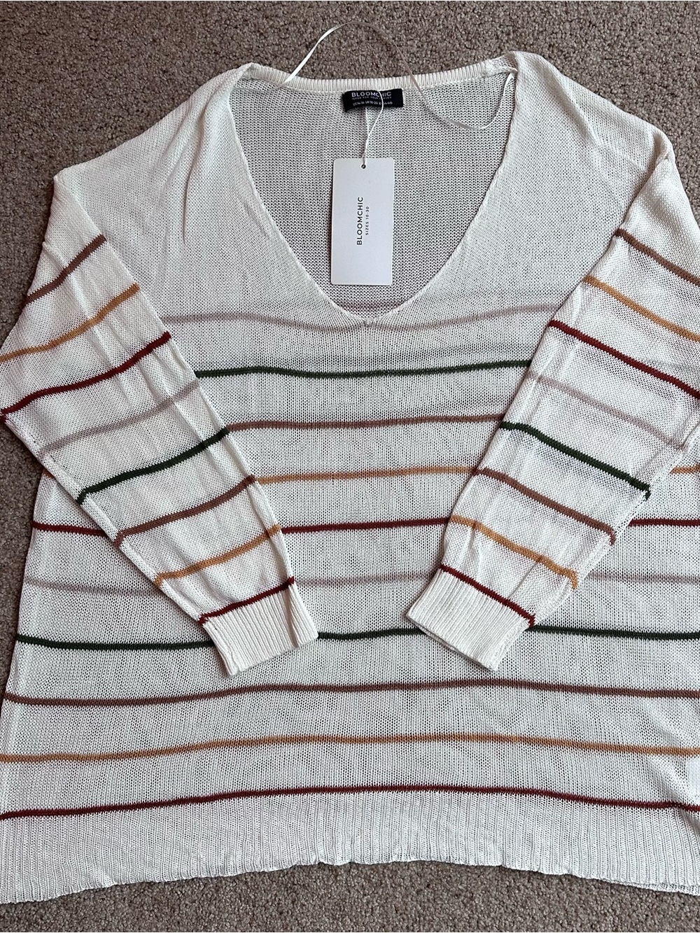 New - BloomChic Ivory V-Neck Sweater with Multicolor Stripes (14-16)